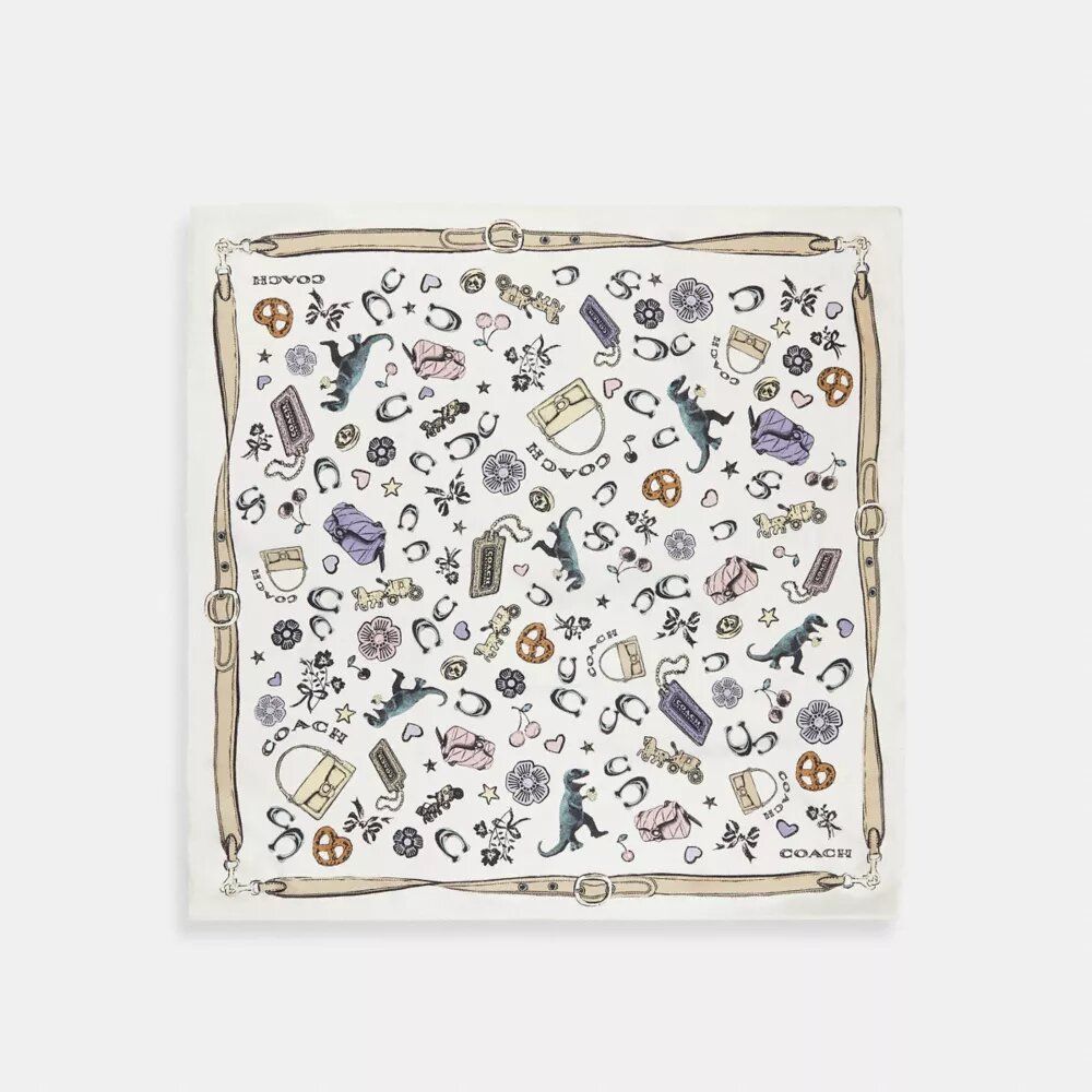 Foulard carré en soie à imprimé de motifs emblématiques