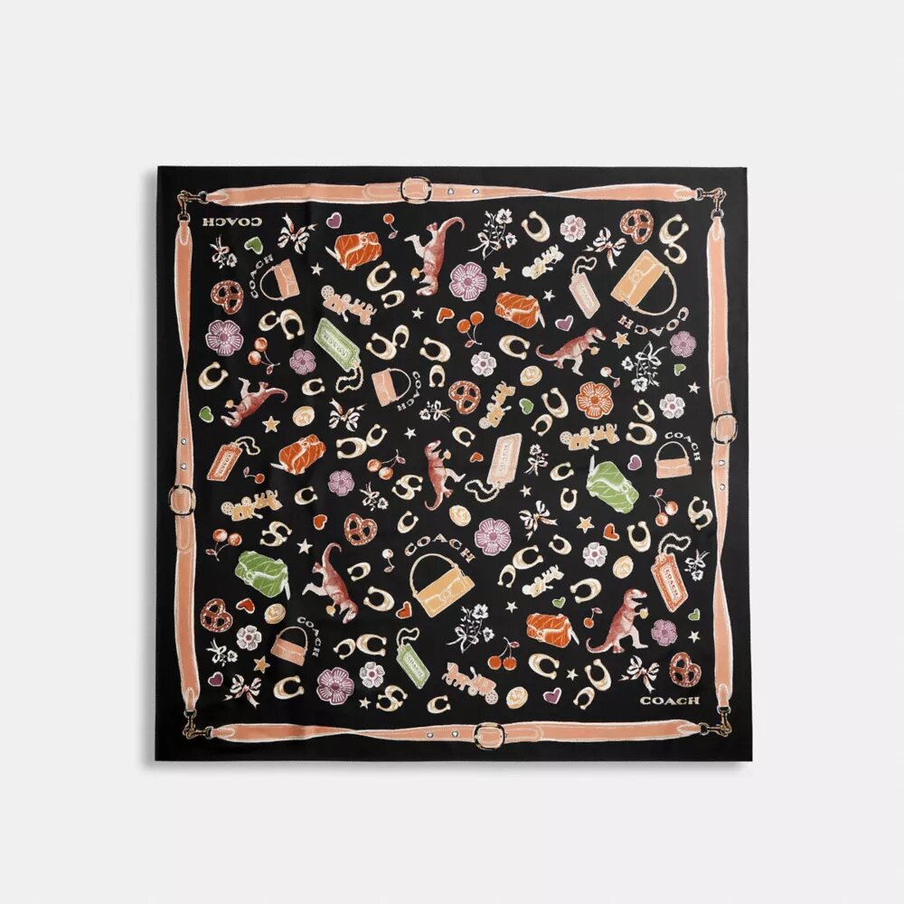 Foulard carré en soie à imprimé de motifs emblématiques