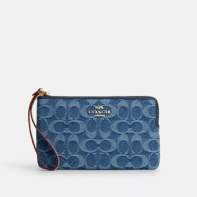 Grande pochette dragonne avec fermeture à glissière d'angle en denim emblématique