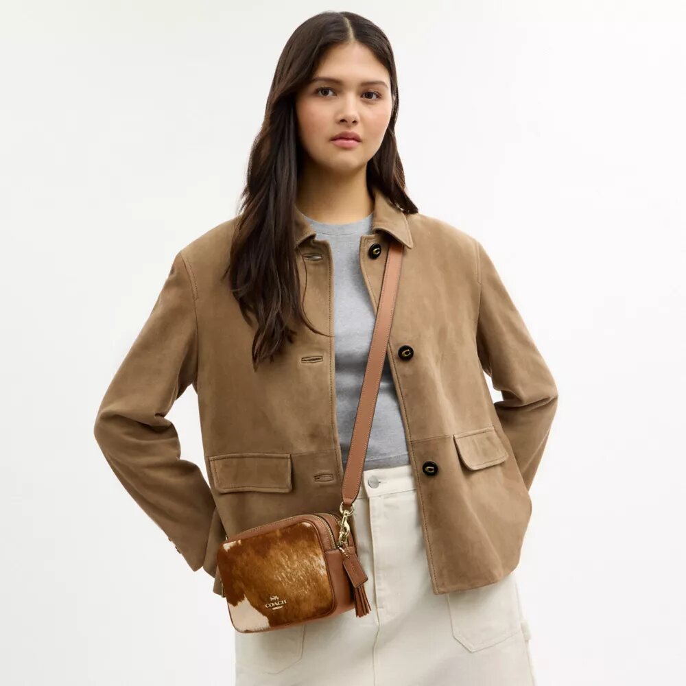 Mini sac bandoulière Carey en cuir de veau velours imprimé vache