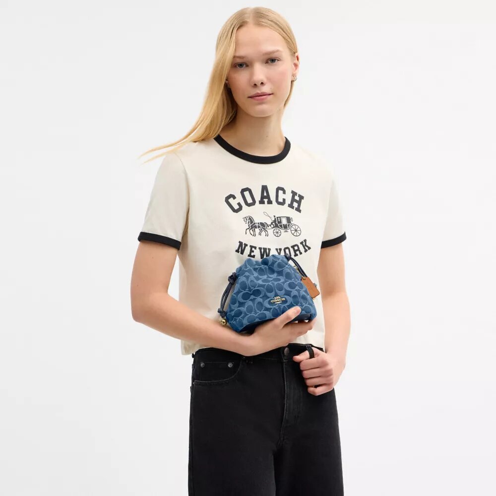 Mini-sac à cordon Faye en denim Signature