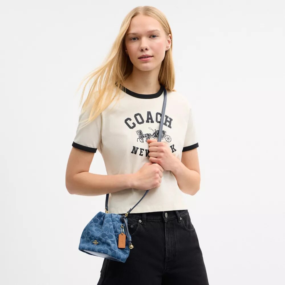 Mini-sac à cordon Faye en denim Signature