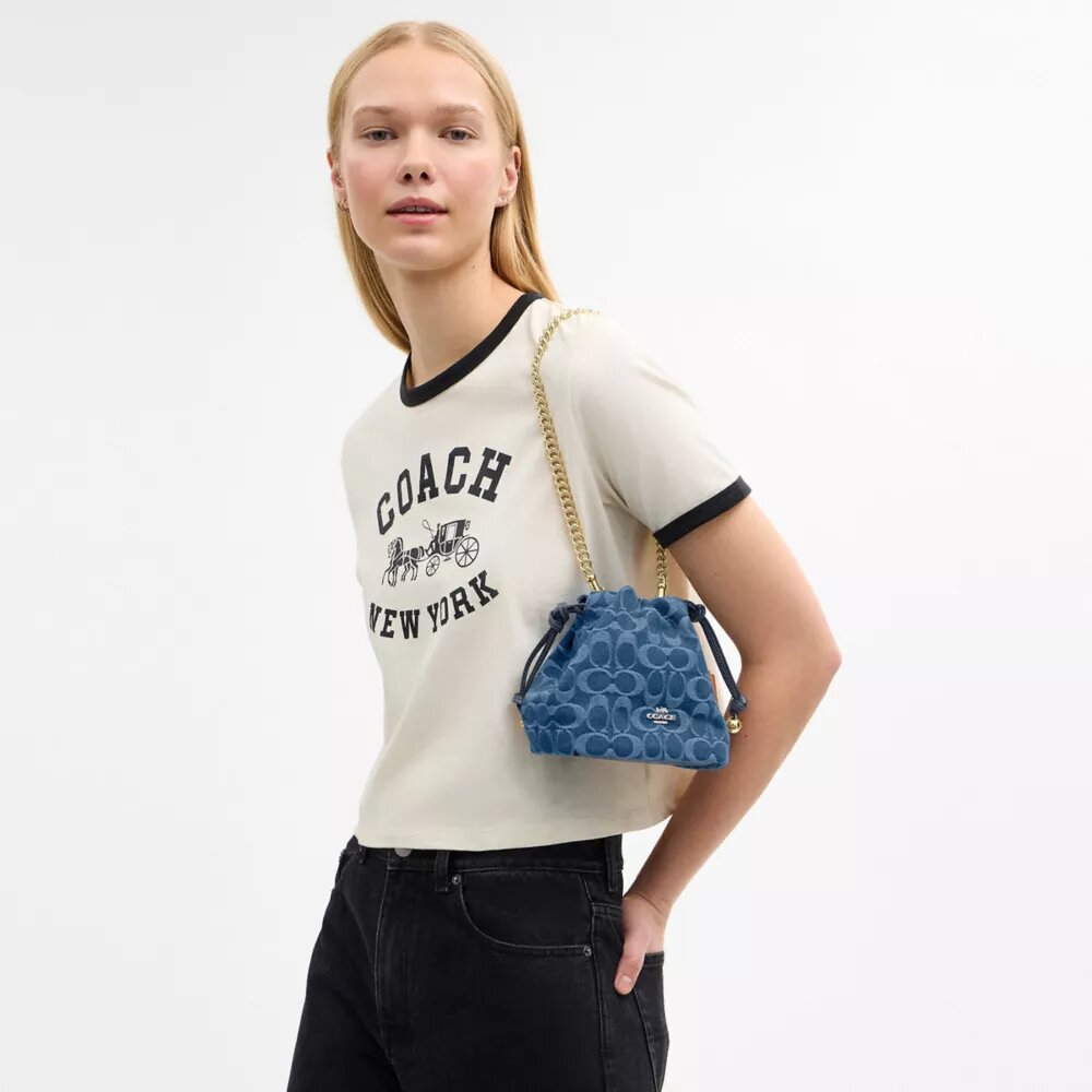Mini-sac à cordon Faye en denim Signature