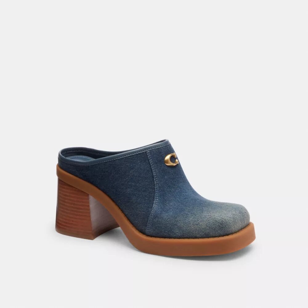 Mules à talons avec logo « C » sculpté, en denim « Loved »