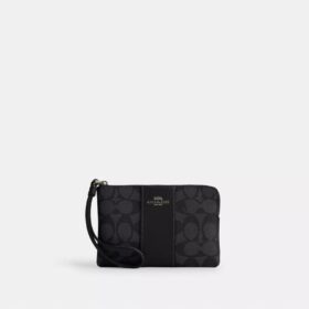 Pochette dragonne avec fermeture à glissière en coin en Signature Canvas à rayures