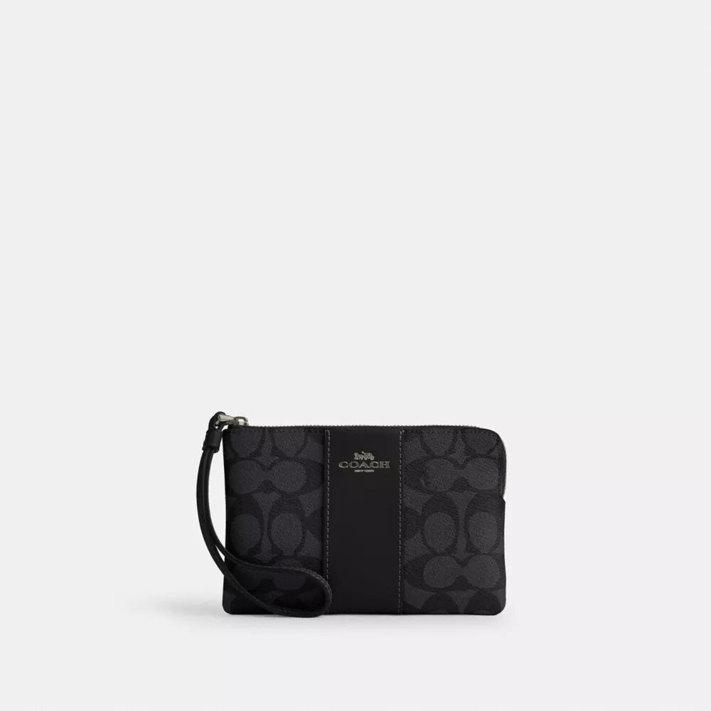 Pochette dragonne avec fermeture à glissière en coin en Signature Canvas à rayures