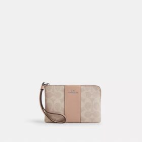 Pochette dragonne avec fermeture à glissière en coin en Signature Canvas à rayures