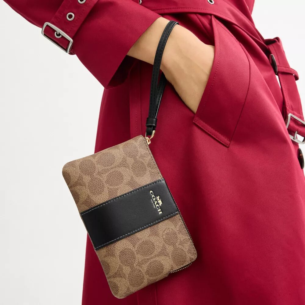 Pochette dragonne avec fermeture à glissière en coin en Signature Canvas à rayures