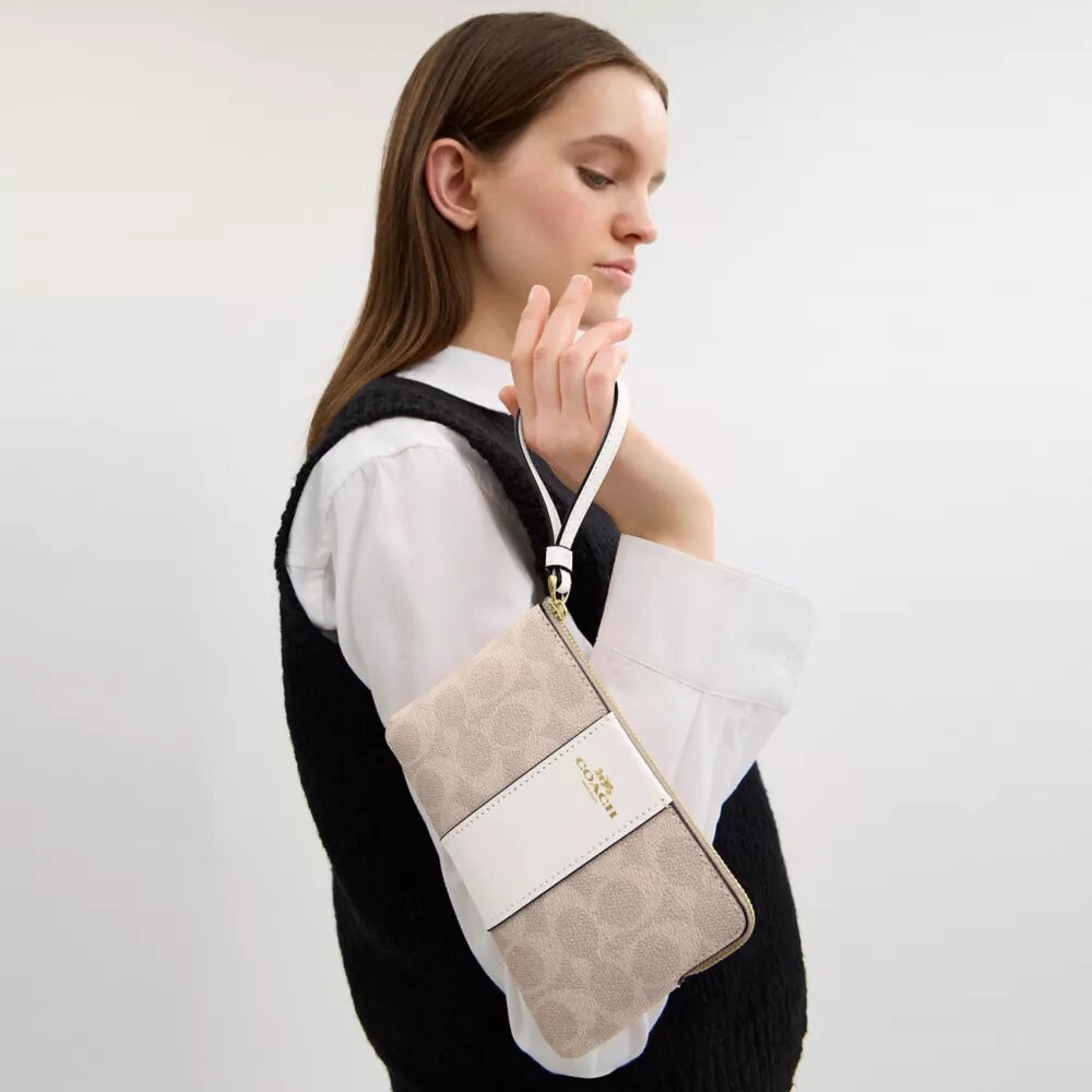 Pochette dragonne avec fermeture à glissière en coin en Signature Canvas à rayures