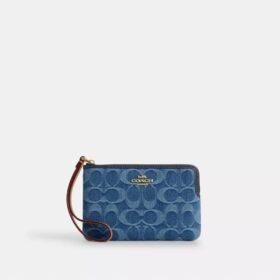 Pochette dragonne à fermeture éclair d'angle en denim emblématique