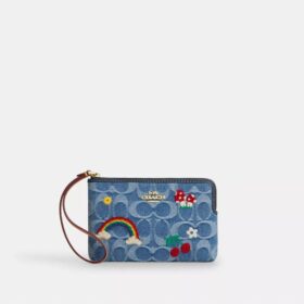 Pochette dragonne à fermeture éclair d'angle en denim emblématique