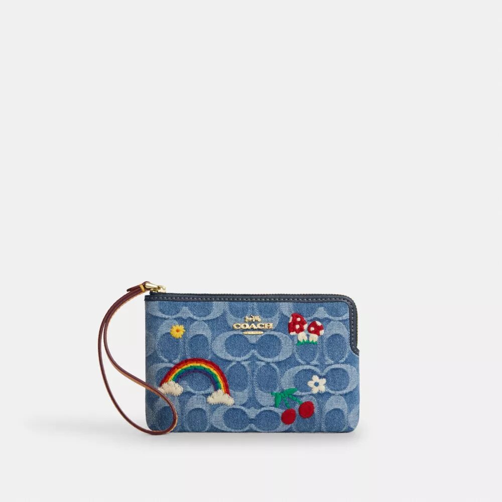 Pochette dragonne à fermeture éclair d'angle en denim emblématique