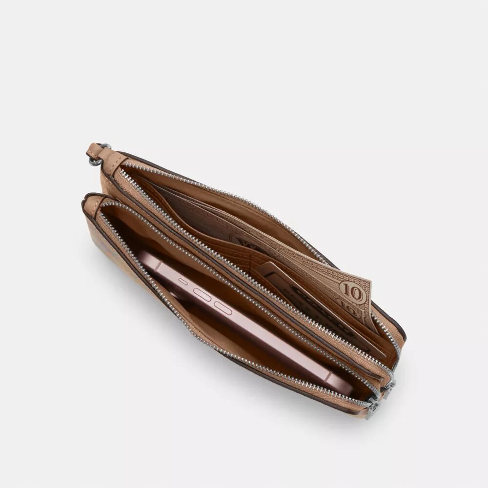 Portefeuille à double fermeture éclair en Signature Canvas Rainbow