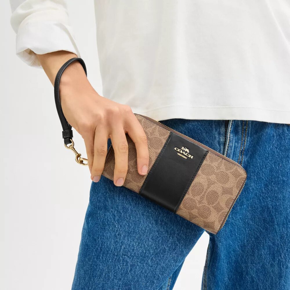 Portefeuille long à fermeture éclair sur tout le pourtour en Signature Canvas à rayures