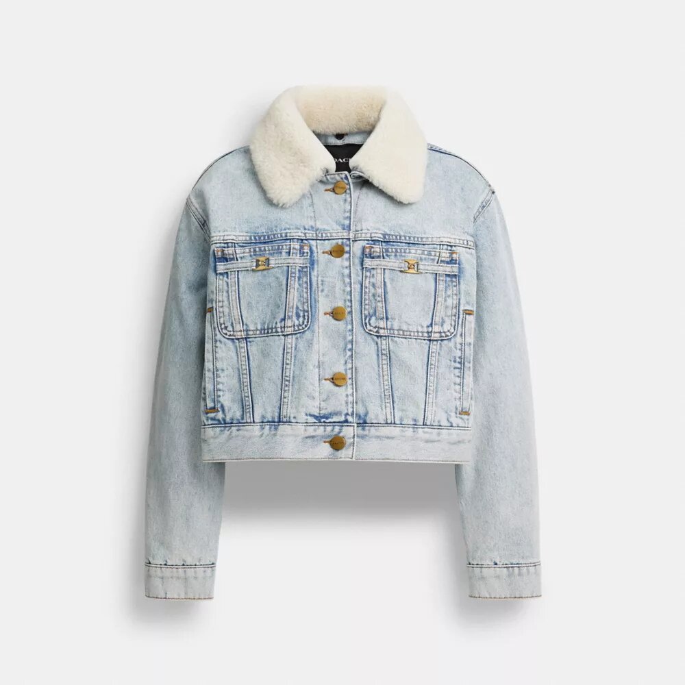 Veste trucker courte en denim Heritage C en coton biologique avec col en peau de mouton
