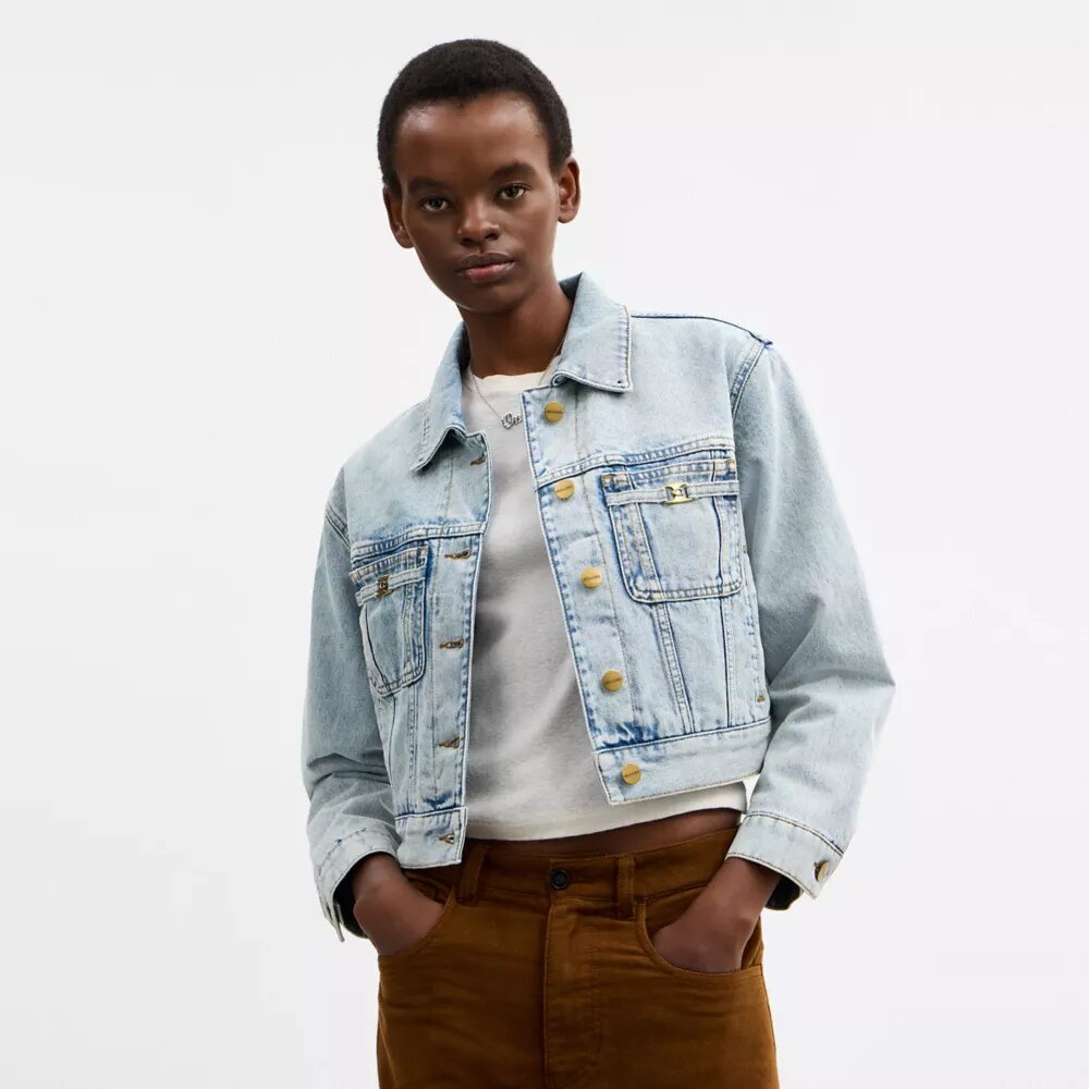 Veste trucker courte en denim Heritage C en coton biologique avec col en peau de mouton